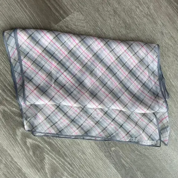 Marc Jacobs Silk Plaid Rectangular Scarf Lightweight Logo Detail - Picture 7 of 12